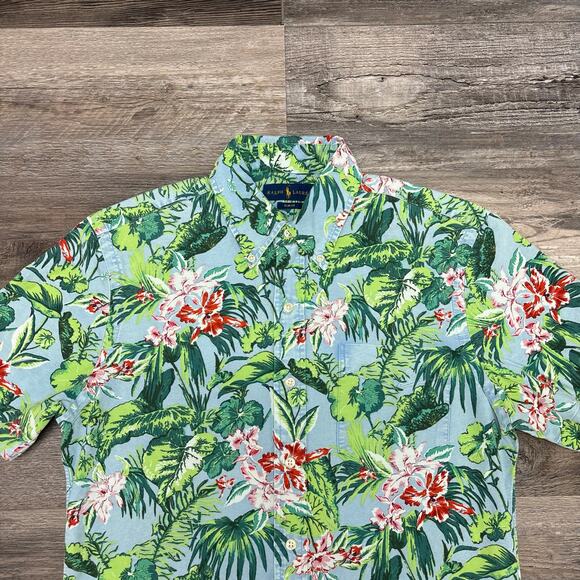 Ralph Lauren Green Blue Mens M Slim Fit Short Sleeve Button Down Hawaiian Shirt - Picture 1 of 10